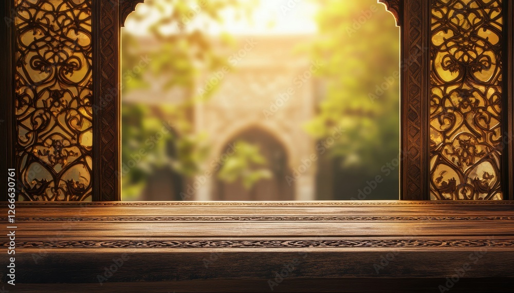 Poster ornate wooden table with intricate carvings and archway background