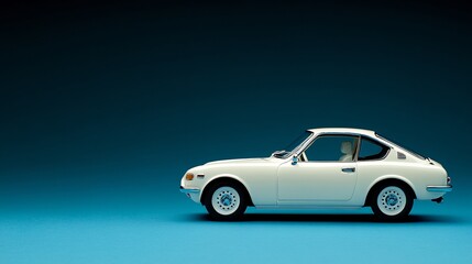 Fototapeta premium Mockup concept. Classic white car against a dark blue background, showcasing its sleek design and vintage appeal.