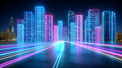 Neon Cityscape at Night - Futuristic Road