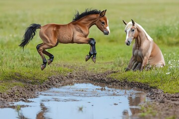 Obraz premium An energetic image of a playful foal jumping over small puddles with her attentive mother watching on the side, celebrating life after rain.