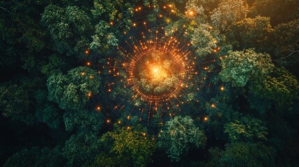 Fototapeta premium Abstract Network of Lights Over Lush Forest Canopy from Above