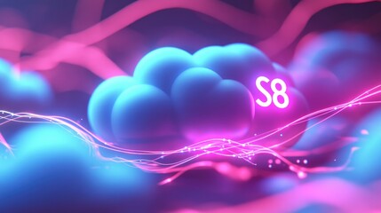3D rendering of a cloud technology concept with an abstract background and glowing lines in blue color.