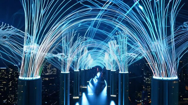 Dolly video, dramatic lighting, glowing fiber optic strands dance, creating an ethereal network of illuminated tips with bright white and electric blue against a futuristic cityscape at night