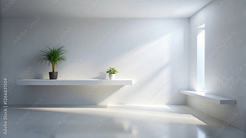 Poster serene minimalist interior design with sunlight streaming through a window, highlighting simple whit