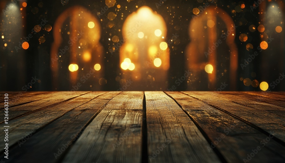 Poster rustic wooden table with golden bokeh lights and dark background