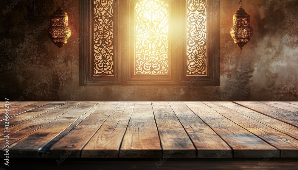 Aufkleber rustic wooden table with ornamental window and lanterns