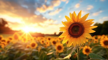 Obraz premium Sunflowers field at sunset