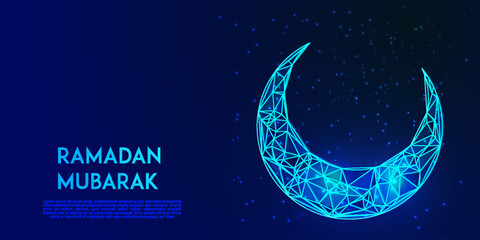 Fototapeta premium Ramadan Mubarak Low Poly Background – Futuristic Islamic Eid Design with Glowing Crescent Moon, Wireframe Hand, Blue Night Sky, and Sparkling Stars