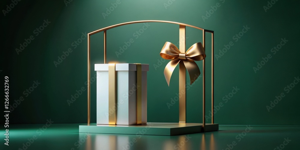 Aufkleber elegant white gift box with a golden ribbon and bow displayed on a teal platform within a minimalist