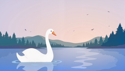 Fototapeta premium Graceful swan gliding on tranquil lake at dusk, serenity and beauty