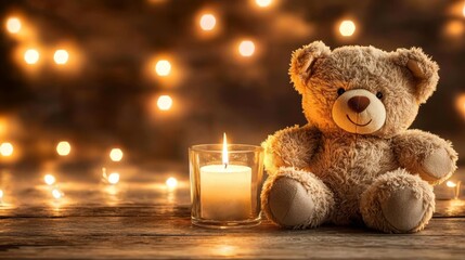 An emotional remembrance setup with a soothing teddy bear and a flickering candle light for child loss.