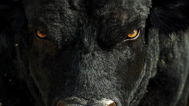Intense close-up of a black bull with striking yellow eyes in low light.