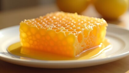 Golden Honeycomb on Plate Delicious Raw Honey