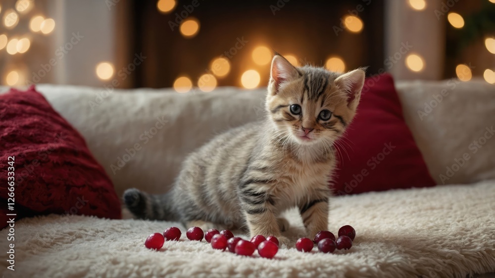 Wall mural A playful kitten explores a cozy setting adorned with festive lights and scattered berries.