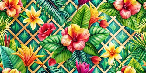 Fototapeta premium Vibrant Hawaiian print: tropical flowers, island vibes, perfect Aloha shirt textile.