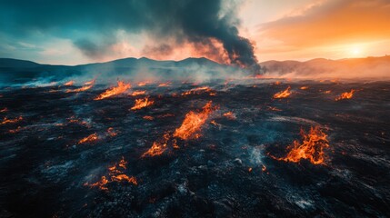 A dramatic landscape of a raging wildfire captures the beauty and destruction of nature. Flames dance against the horizon. A powerful reminder of climate change. Generative AI