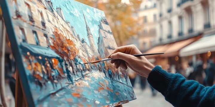 Artist painting parisian street scene en plein air