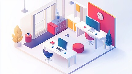 Obraz premium Modern Isometric Office Workspace Design: Productivity and Style