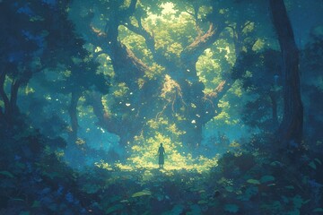 Obraz premium Person stands in forest beneath large tree, sunlight filters through leaves for background