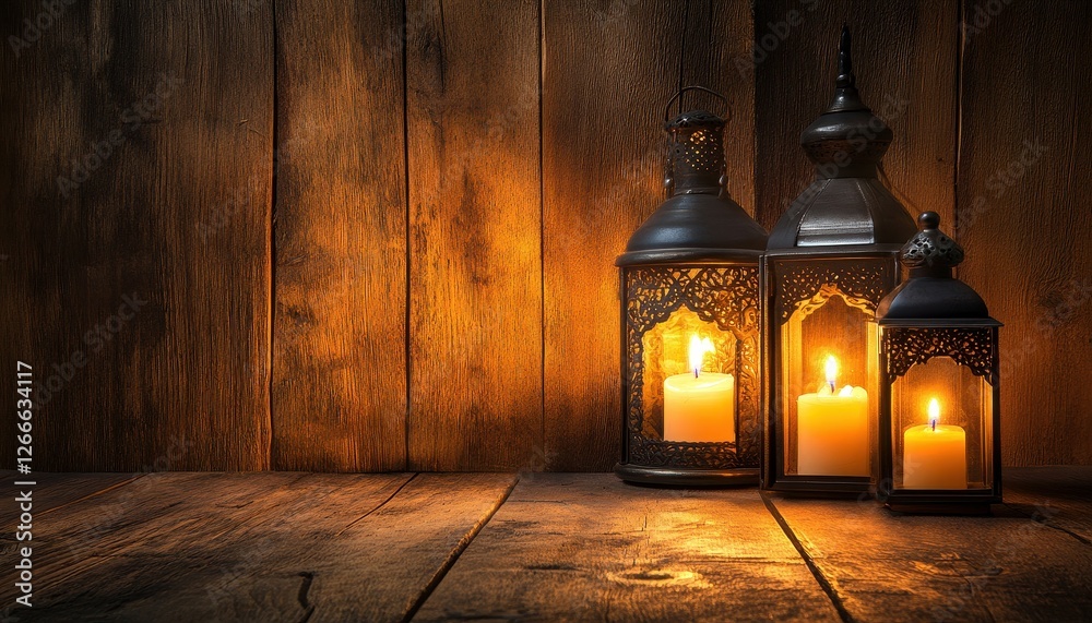 Aufkleber three illuminated metal lanterns on rustic wooden background
