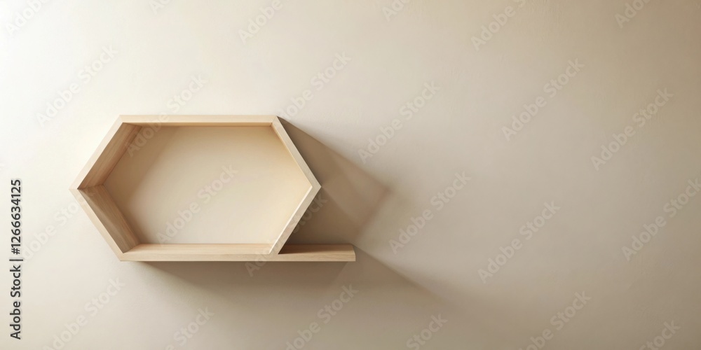 Poster empty hexagonal wooden shelf on neutral wall, perfect for displaying small decorative items or perso