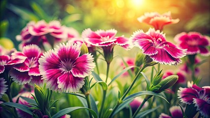 Fototapeta premium Vintage garden photo: Sweet William blooms, Dianthus chinensis, bursting with vibrant color.