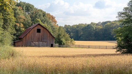 Obraz premium Old wooden barn standing in a golden wheat field with fence and forest