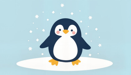 Naklejka premium Charming baby penguin waddling on ice with snowflakes, winter joy