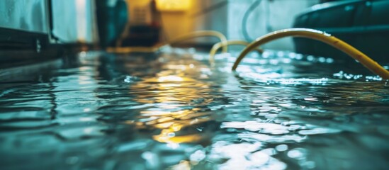 Using a mop in water with blurred electrical cables present.