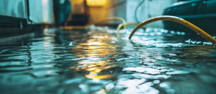 Using a mop in water with blurred electrical cables present.