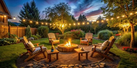 Warm firelight dances beneath twinkling string lights, creating a relaxing, cozy backyard haven.