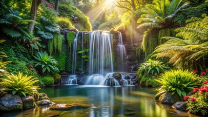 Serene Waterfall Cascading Through Lush Tropical Foliage Bathed in Golden Sunlight