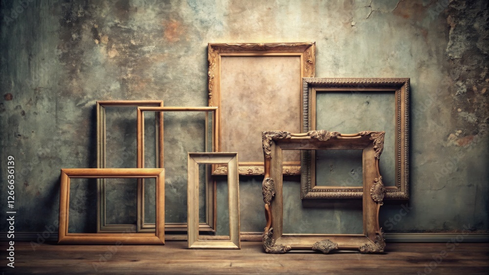 Poster a collection of ornate, empty picture frames rests against a textured wall, creating a vintage aesth