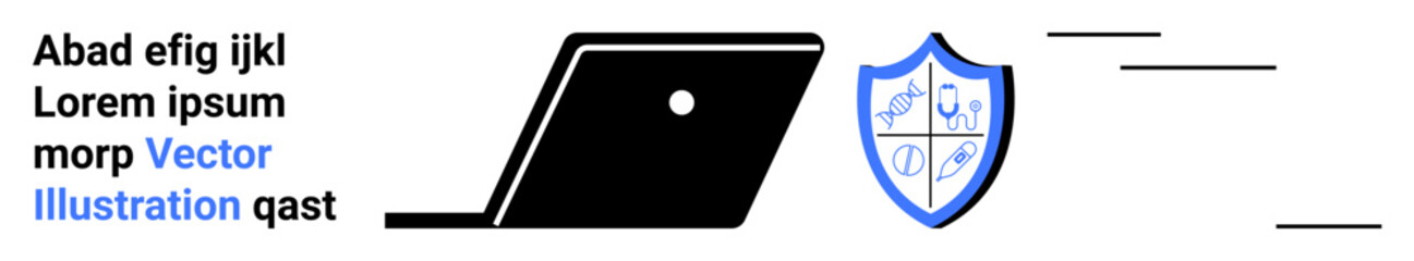 Open laptop next to a shield containing cyber-themed icons. Ideal for cybersecurity, antivirus, data protection, technology, online safety, system security, abstract line flat metaphor