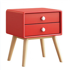 Contemporary Red Nightstand: A modern red nightstand with a minimalist design, featuring two drawers and wooden legs, standing elegantly.