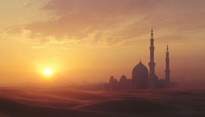 White Mosque Silhouette at Sunset over a Desert Landscape