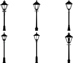 Obraz premium street lamp silhouette set, old post lamps silhouette vector