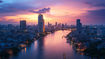 Fototapeta premium Cityscape at night on Chao Phraya in Bangkok. Skyscrapers reviewing the glittering sunsets create a romantic and stylish atmosphere.