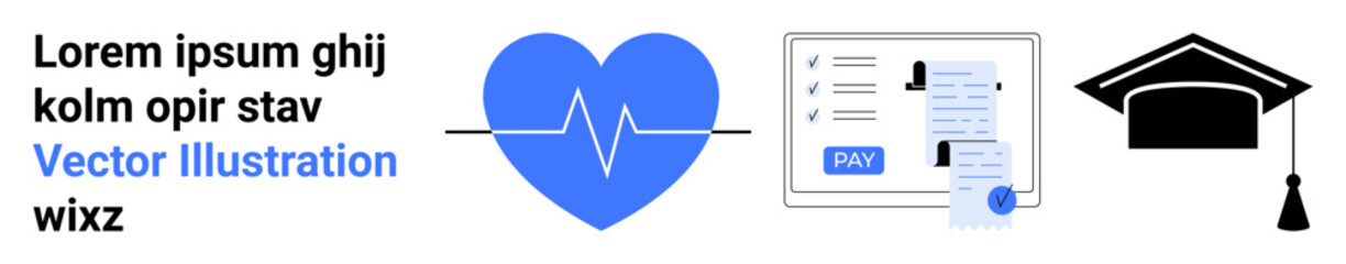 Blue heart with pulse line, payment form with card, and graduation cap. Ideal for health, financial technology, education support, career progress, self-development, digital services abstract line