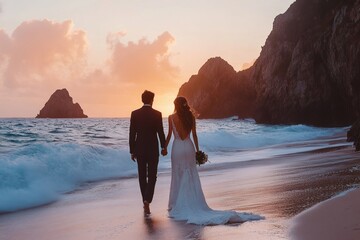 Romantic Couple Walking on a Sunset Beach