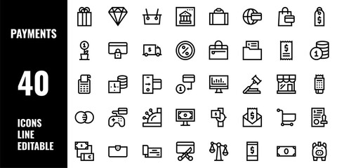 40 Payment Icons Set Pack Line Editable Vector Illustration