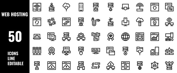 50 Web Hosting Icons Set Pack Line Editable Vector Illustration