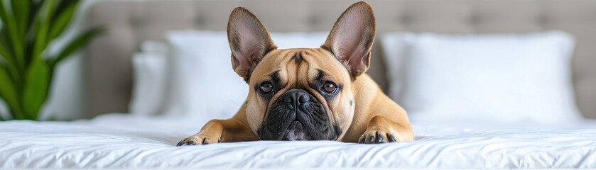 Fototapeta premium Relaxed French Bulldog Lying on a Soft White Bedspread in a Cozy Bedroom with Indoor Plant Background