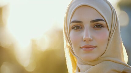 Portrait of a Young Woman in a Beige Hijab, Golden Hour Light