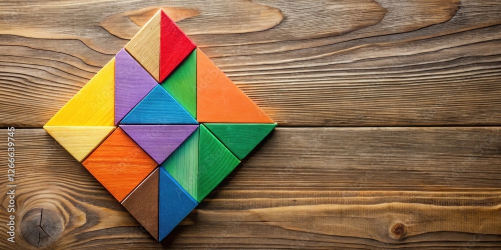 Fototapete Colorful Wooden Triangle Puzzle on Rustic Surface A Symbolic Representation of Problem Solving and Creative Thinking