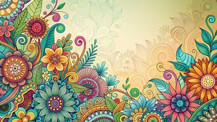 A colorful floral doodle on a pastel background with intricate designs and shapes , nature-inspired designs, colorful doodles