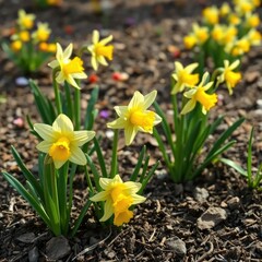 Fototapeta premium Delicate daffodil stems unfolding from the earth, bright petals, wildflowers