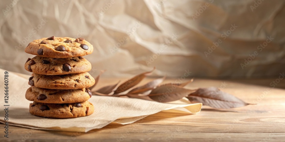 Aufkleber a tempting stack of chocolate chip cookies rests on a rustic surface, beside dried leaves, creating 