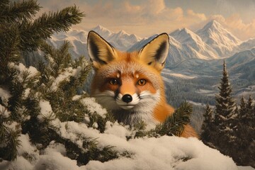 Obraz premium A red fox peeks from behind snow-covered pine branches, with a majestic snow-capped mountain range in the background.