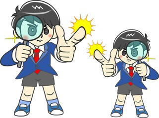 虫眼鏡を構え問題解決し指差して指摘する賢い少年	